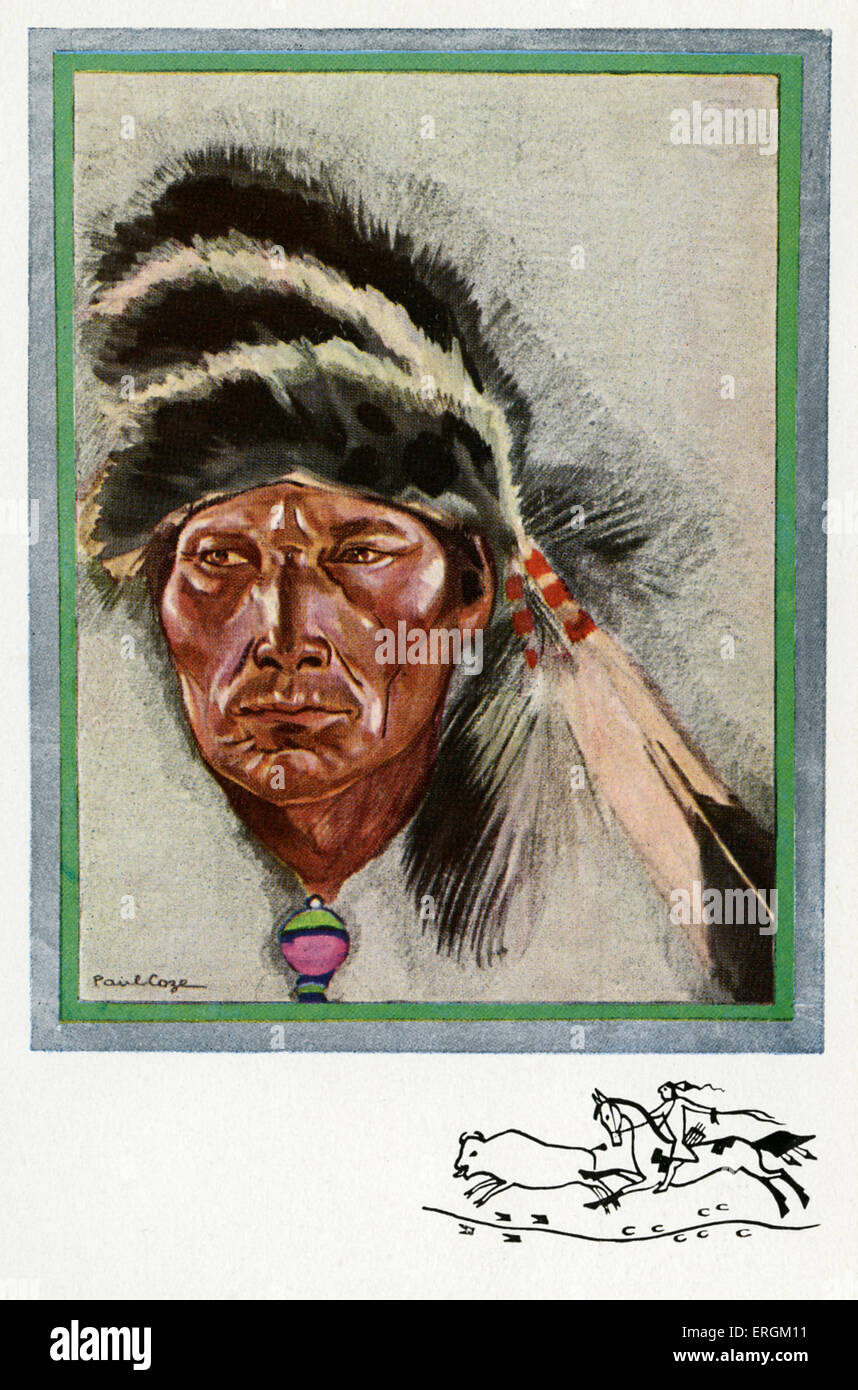 Cree american in war dress, after an illustration by Paul Cage. Title reads: 'Indien Cri portant le bonnet de guerre' (Cree Stock Photo