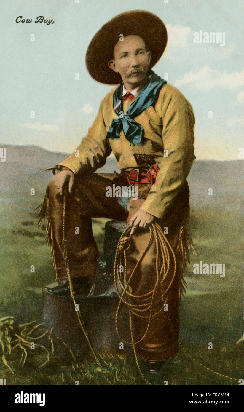 Cowboy with lasso, colorised after an early twentieth century photograph. Stock Photo