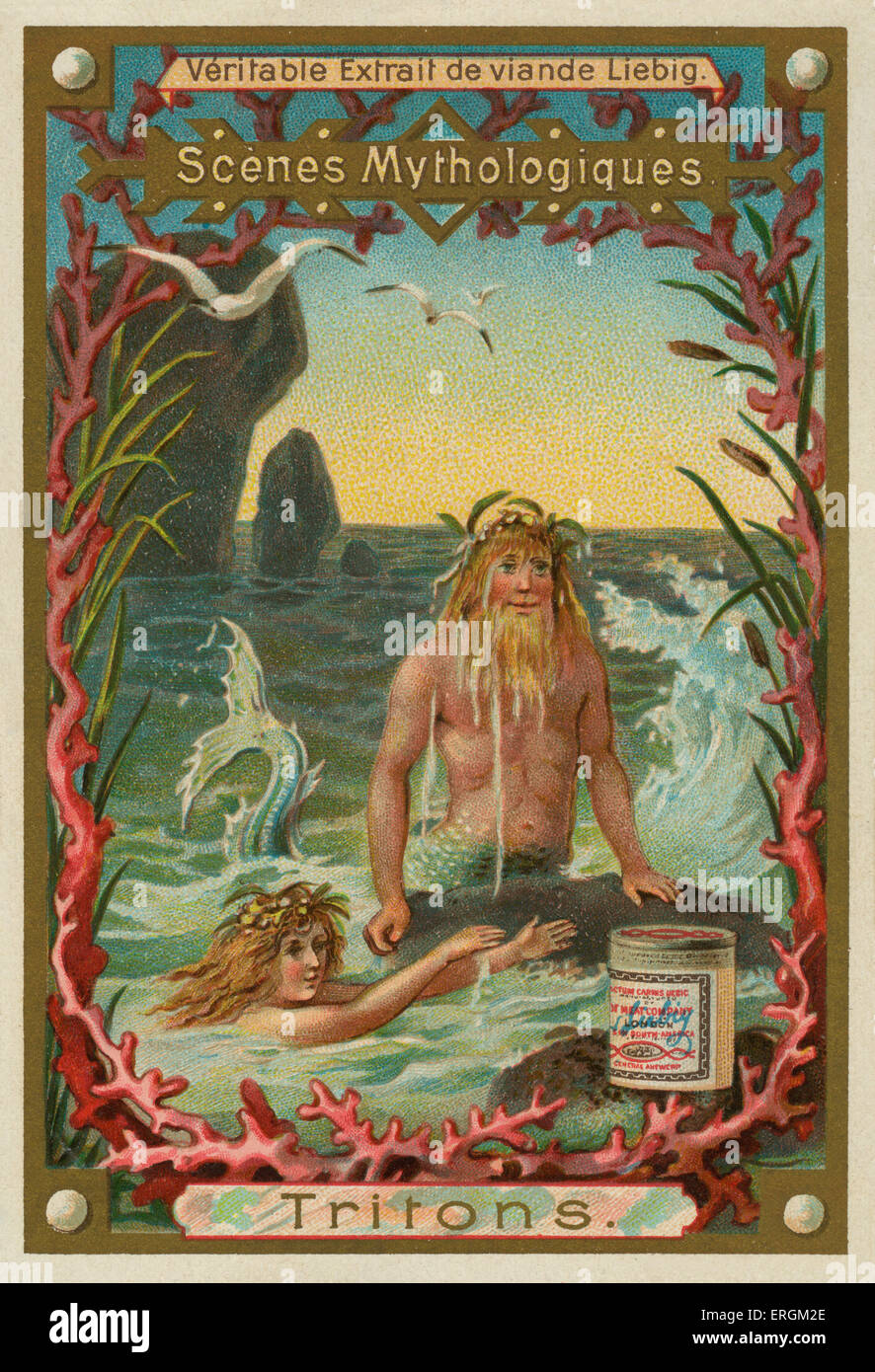 Triton- mythological Greek god and the messenger of the sea. Liebig card, Mythological Scenes (French:Scenes Mythologiques), Stock Photo
