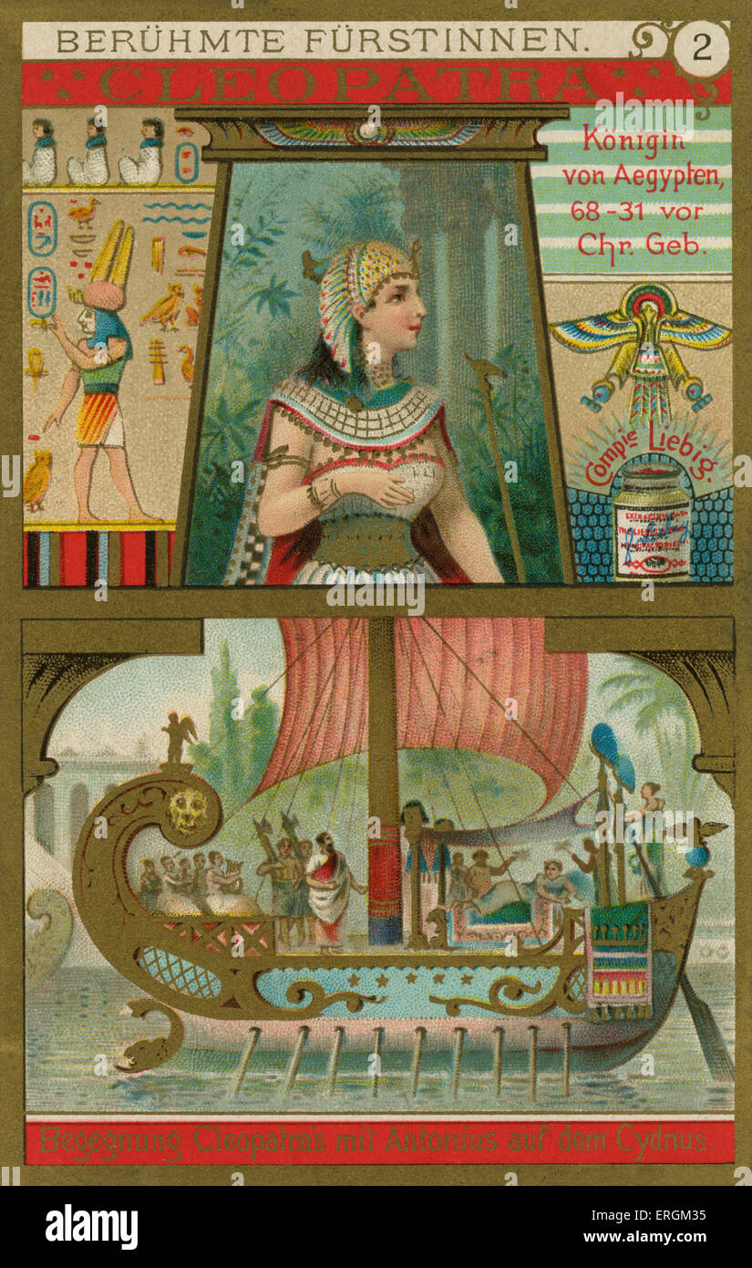 Cleopatra. Caption reads: Queen of Egypt, 68-31 BC.  (German:  Königin von Aegypten, 68-31 vor Chr. Geb). Also pictured: Stock Photo