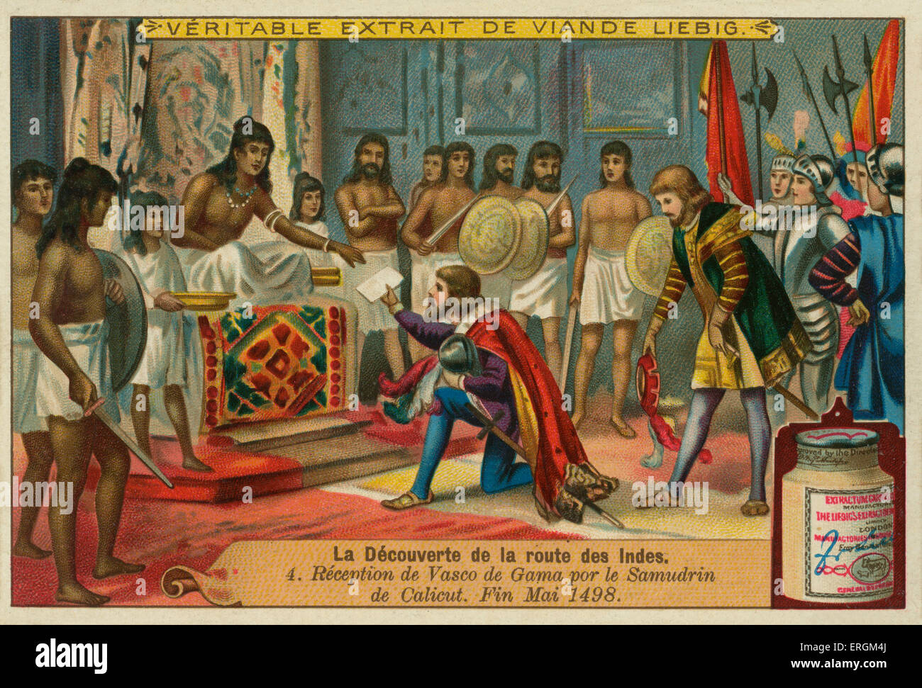 Vasco Da Gama welcomed by the Zamorin, ruler of the Calicut, at the end of May 1498. (French: Reception de Vasco de Gama par le Samudrin de Calicut. Fin Mai 1498). Liebig card, The discovery of the route to India, 1897. Stock Photo