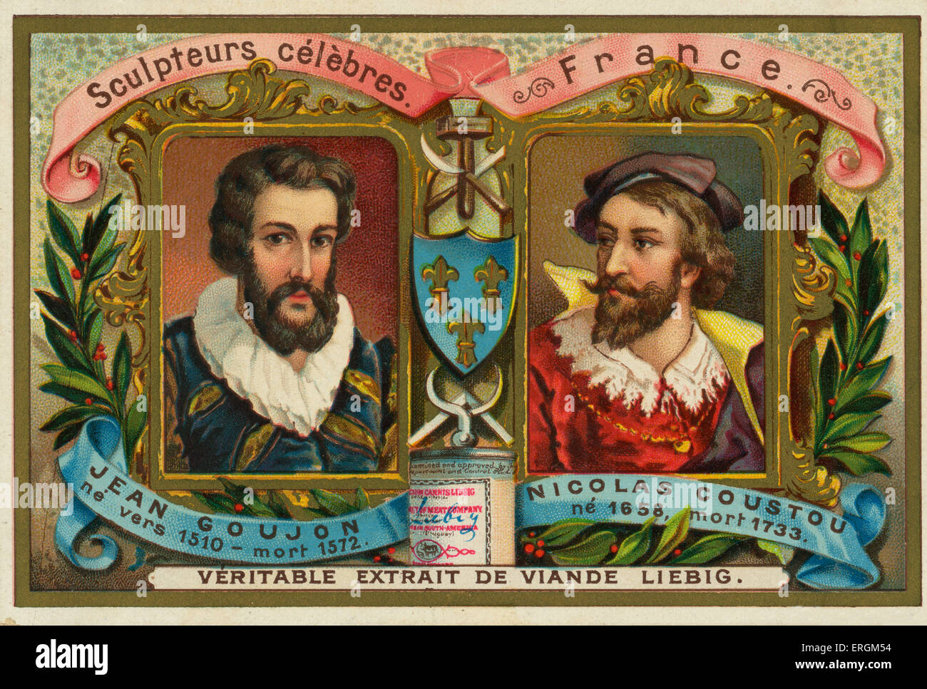 Jean Goujon (1510-1572) and Nicolas Coustou (1658- 1733) famous French sculptors. Liebig card, Famous Sculptors, 1897. Stock Photo