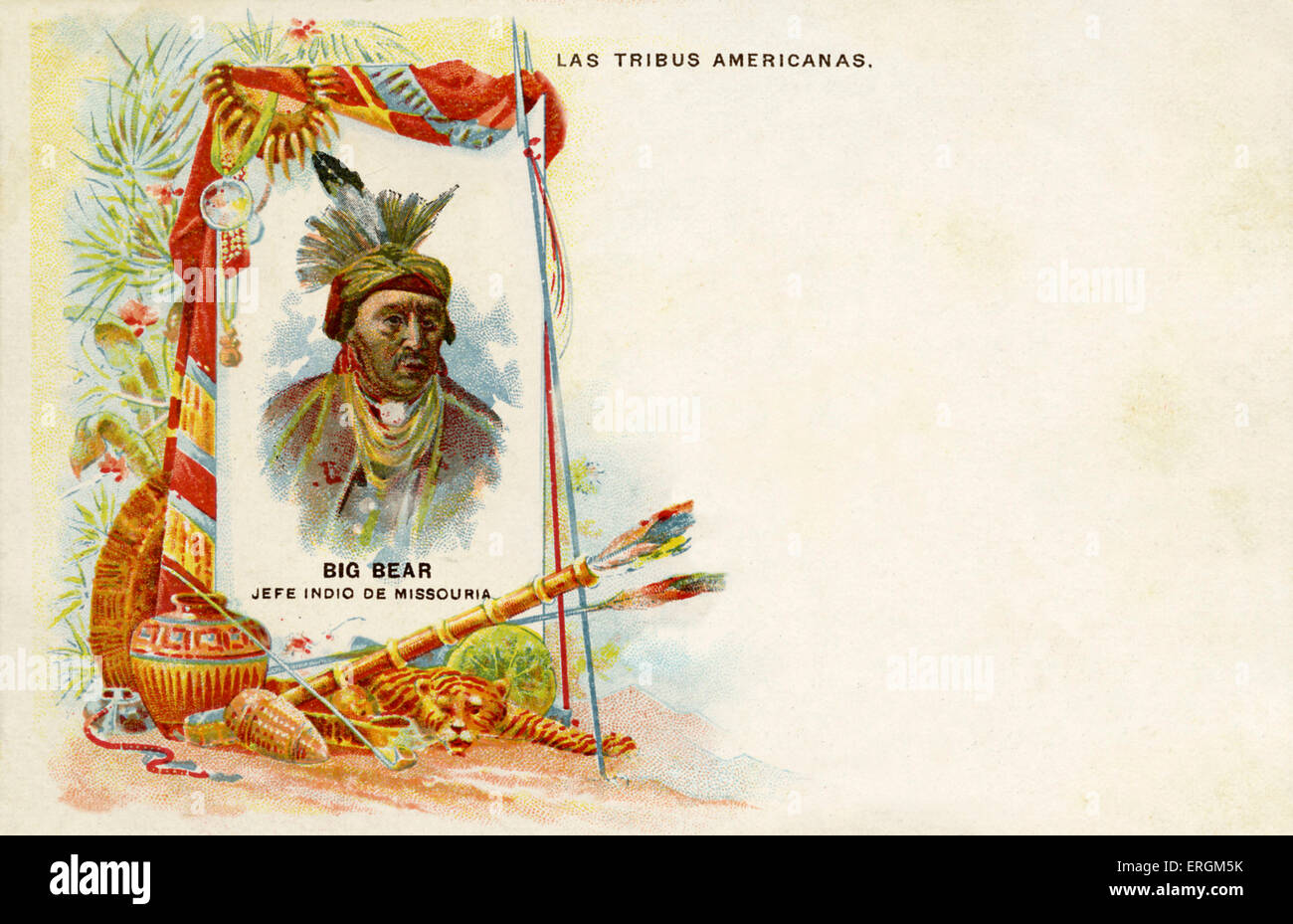 Chief 'Big Bear', illustration on a canvas, beside serveral Romanticised Native American objects: a drug, a pot, skins, arrows, Stock Photo