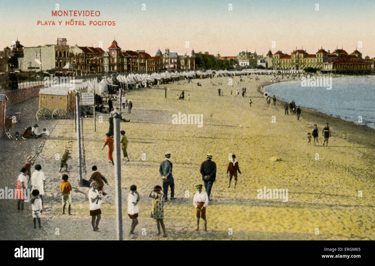 Playa Pocitos - Montevido,  Uruguay.   Early 20th century postcard of Pocitos beach with La Rambla in the background. Stock Photo