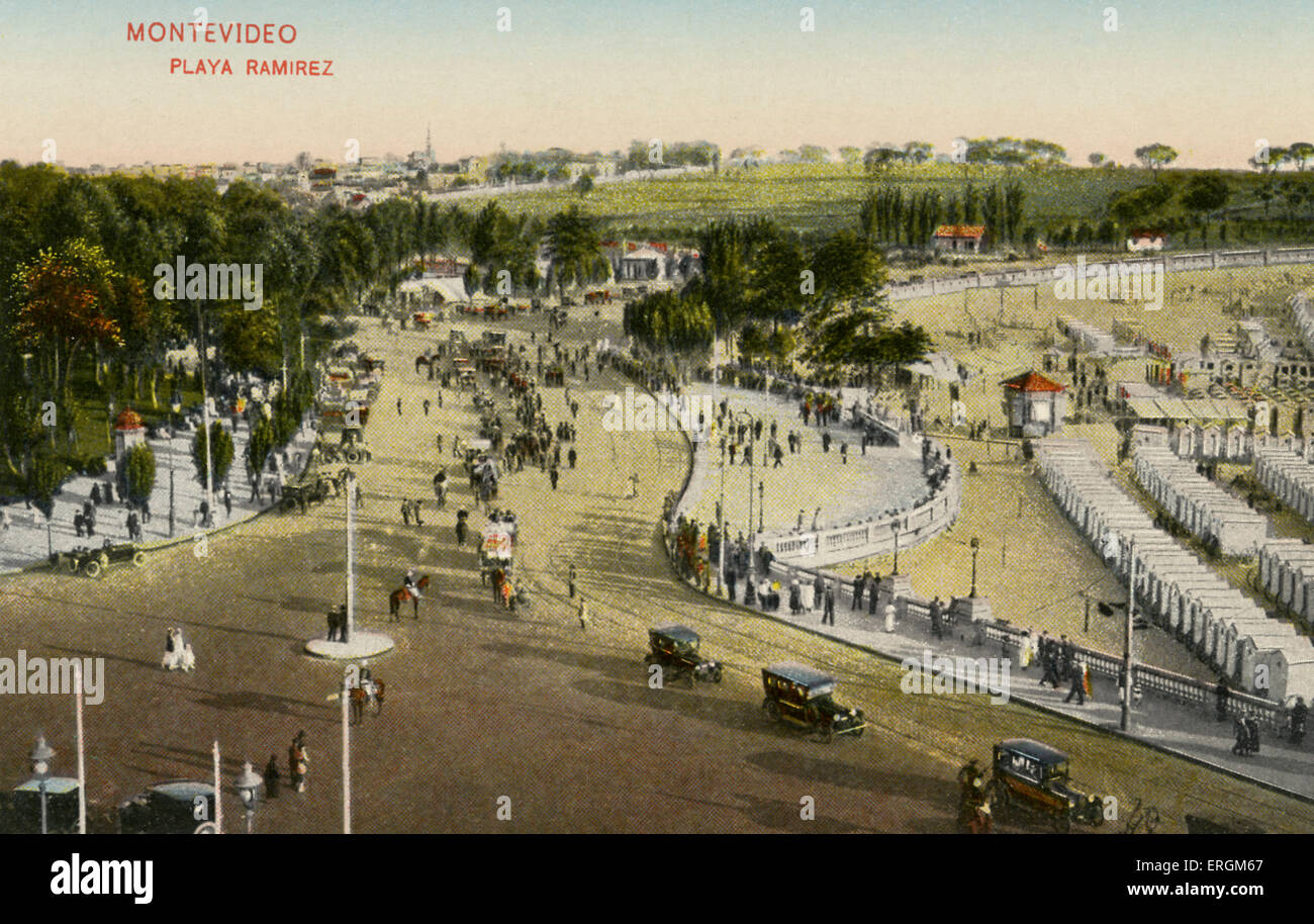 Playa Ramirez - Montevido, Uruguay.  Early 20th century postcard of La Rambla at Playa Ramirez. Stock Photo