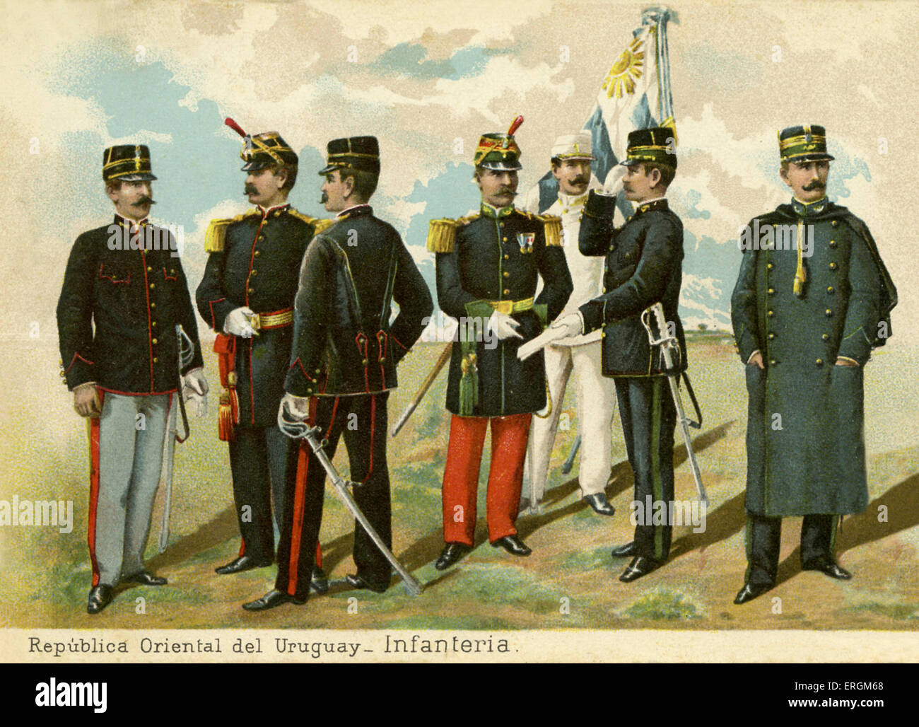 Early 20th century postcard of the Uruguayan infantry in military dress. Stock Photo