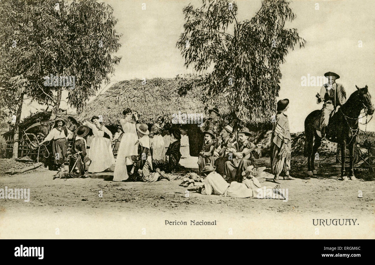 Early 20th century postcard of rural area of Uruguay. A woman performs the south American folk dance, Percion. Stock Photo