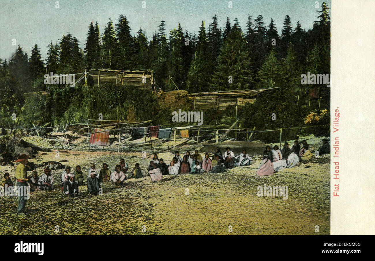Flathead reservation, Montana. Caption reads: 'Flat Head Indian Village', reverse caption reads 'in former times the heads of Stock Photo