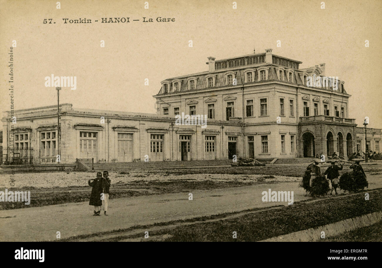 Hanoi station, Tonkin, Vietnam. Opened in 1902. Postcard after photograph, post-1902. Stock Photo