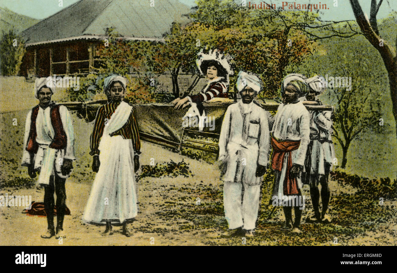 British colonial lady in Indian palanquin, flanked by attendants and servants. Colorized photograph from early 20th century. Stock Photo