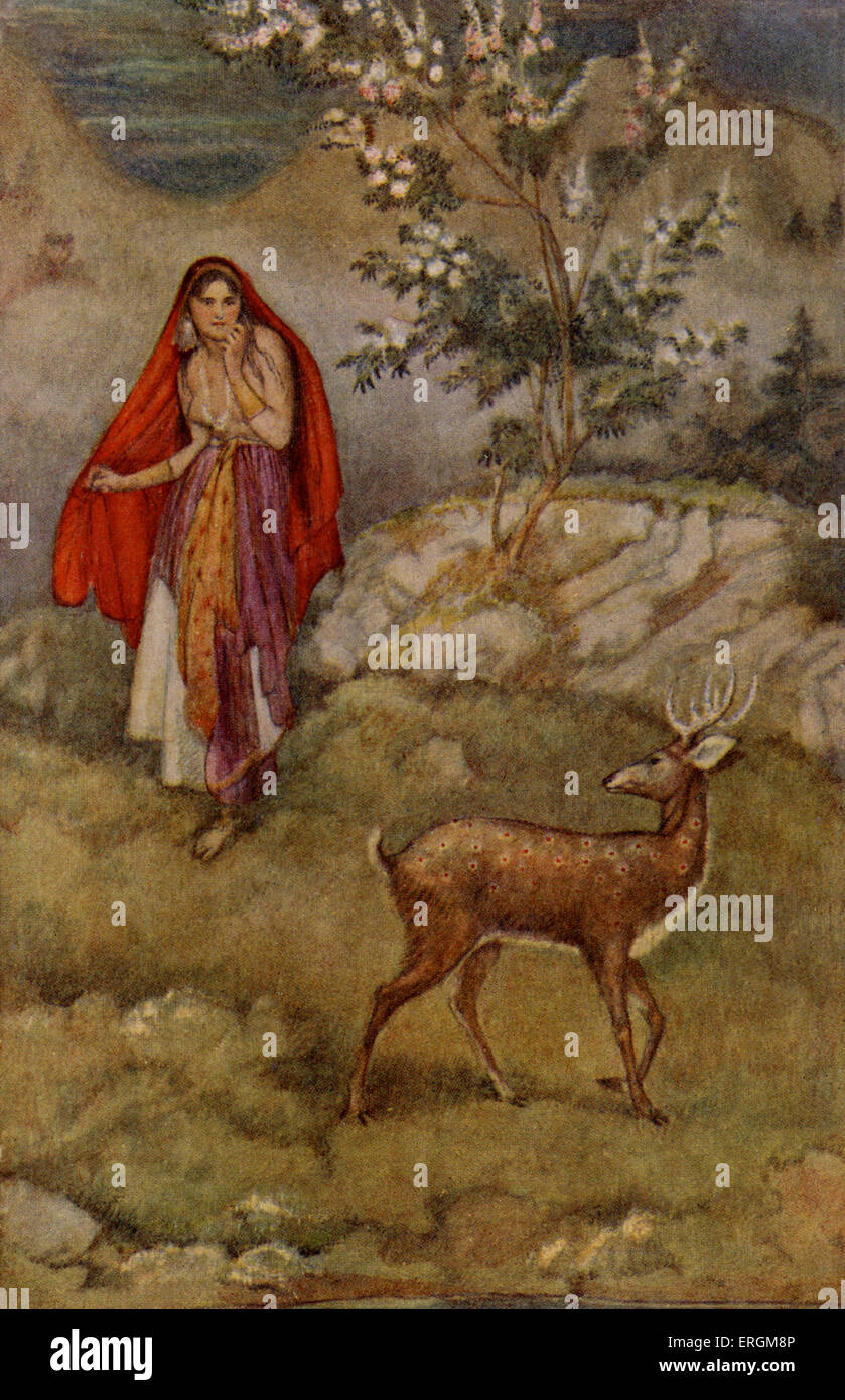 Sita finding the magic deer. Illustration from early 20th century. In this story Sita, the wife of the hero Rama, discovers a Stock Photo
