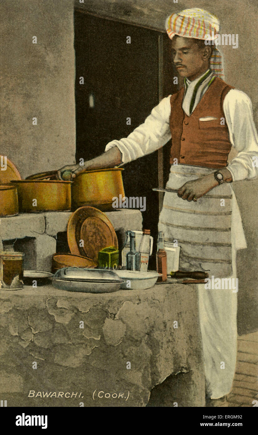An Indian cook. Colorized photograph from early 20th century. Caption reads: 'Bawarchi'. Stock Photo