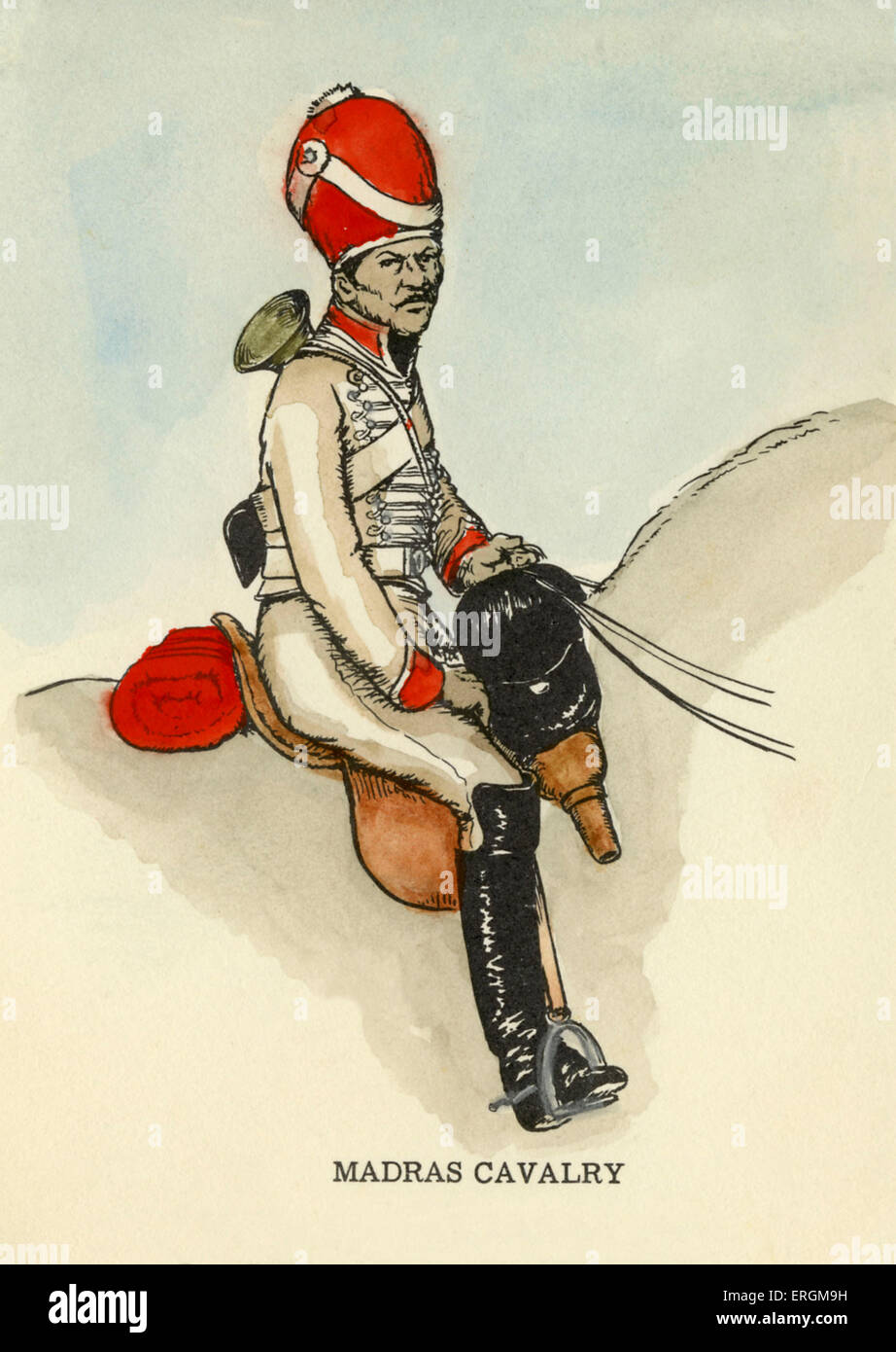 Madras Cavalry unit, British Army. Illustration after a Rend North illustration, 1962. Caption reads: 'Headdress: red; Breeches, Belts, Jacket: white; Trumpet: brass'. Stock Photo