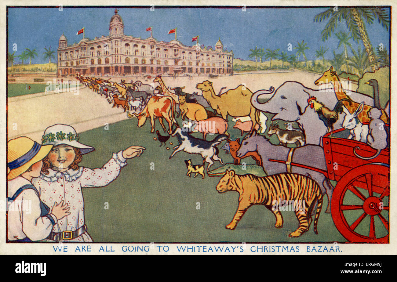 Singapore Circus. Illustration early 20th century. Caption reads 'we are all going to Whiteaway's Christmas Bazaar'. Whiteaway's Christmas Bazaar was a carnival event based in Colonial Singapore. Stock Photo