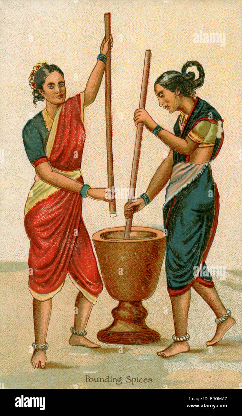 Indian women crushing spices. Illustration from early 20th century