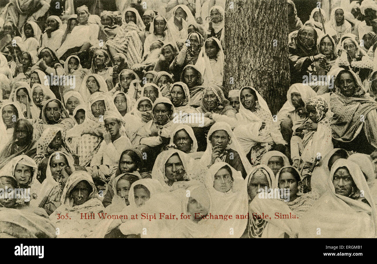Women at Sipi fair 'for exchange and sale', as caption reads. Simla, the former summer capital of British India. Photograph from early 20th century. Slavery was abolished in modern India by the Indian Slavery Act V. of 1843, but forms of slavery continue to operate to this day. Stock Photo