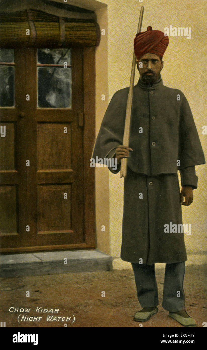 Chow Kidar (Night Watch guard). Colourised photograph from early 20th century. Stock Photo