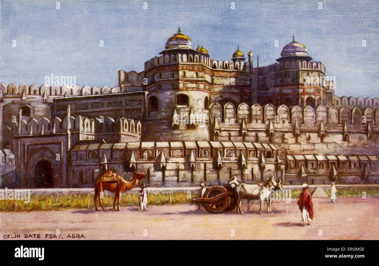 Delhi Gate Fort, Agra. After an early 20th century illustration. Also caleld Agra Fort, the fort was constructed prior to 1080 Stock Photo