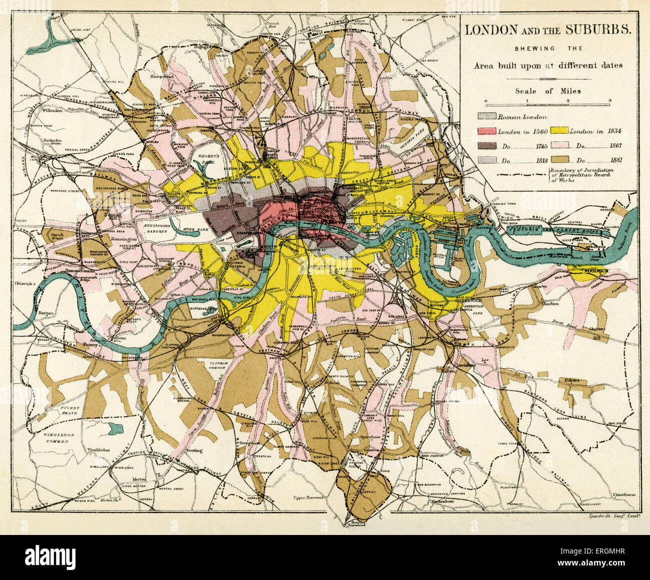 London and its suburbs, 1894. Showing expansion of London suburbs, out of the city, from 1560 up to 1881. Stock Photo