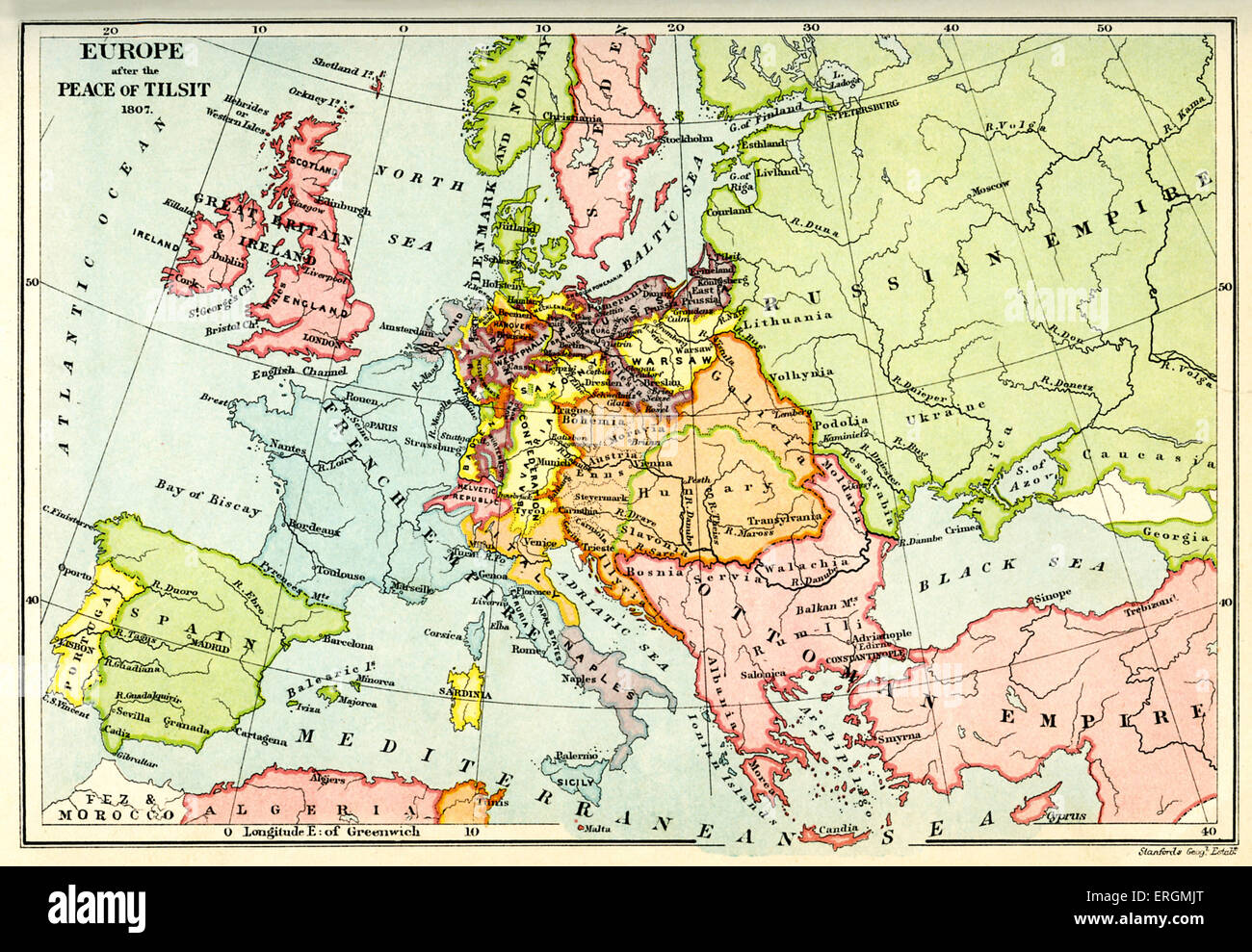 Europe after the Peace of Tilsit (1807). The Peace of Tilsit was signed between Russia and France. Stock Photo