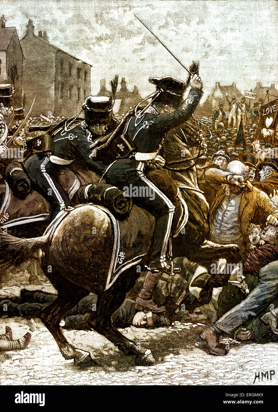 Peterloo Massacre, St Peter's Field, Manchester, UK 16 August 1819. Cavalry charged at a crowd who had gathered to demand reform of parliamentary represenation. Stock Photo