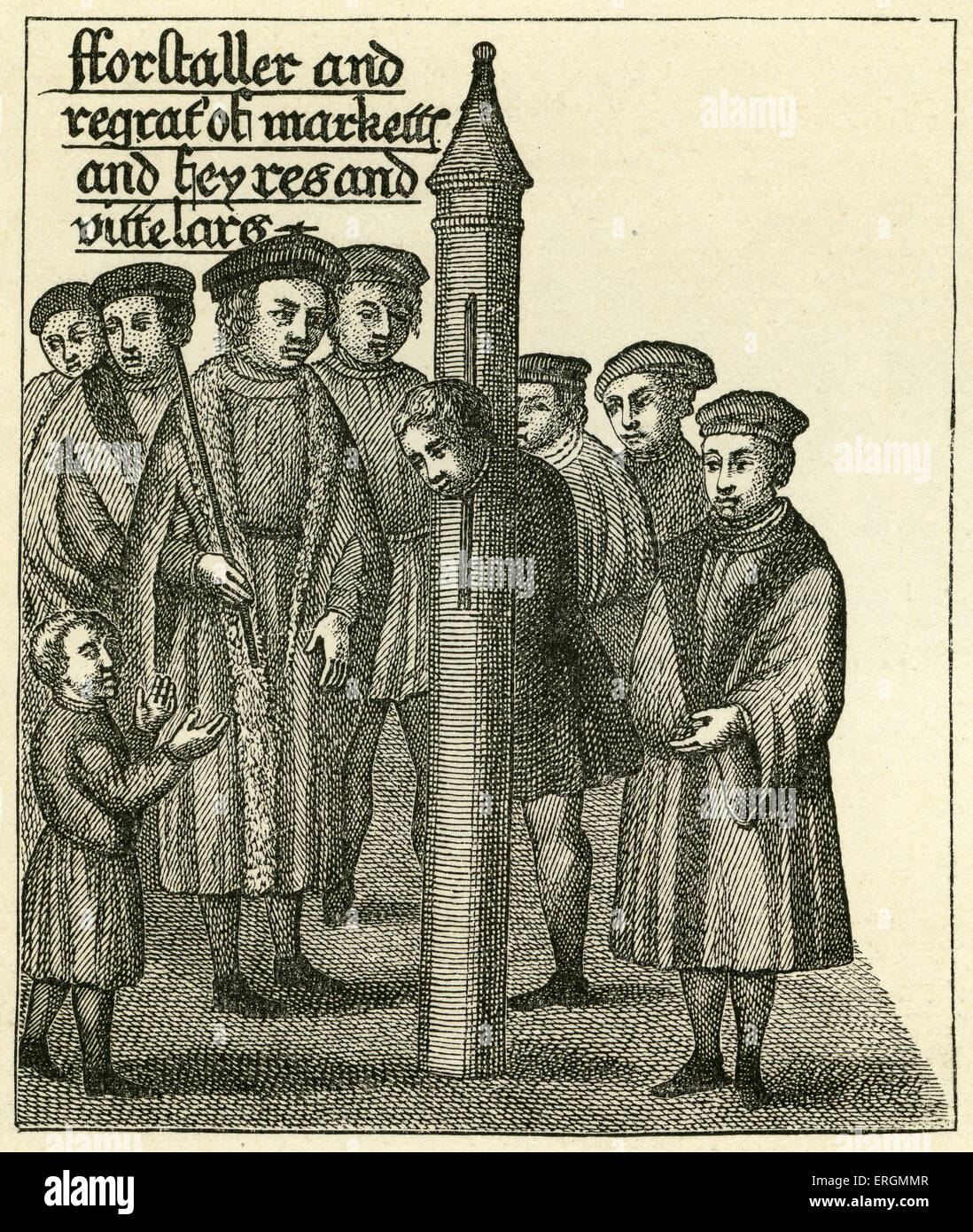 A forestaller in the pillory. The pillory was a wooden or metal post used for restraining petty criminals.The punishment, like Stock Photo