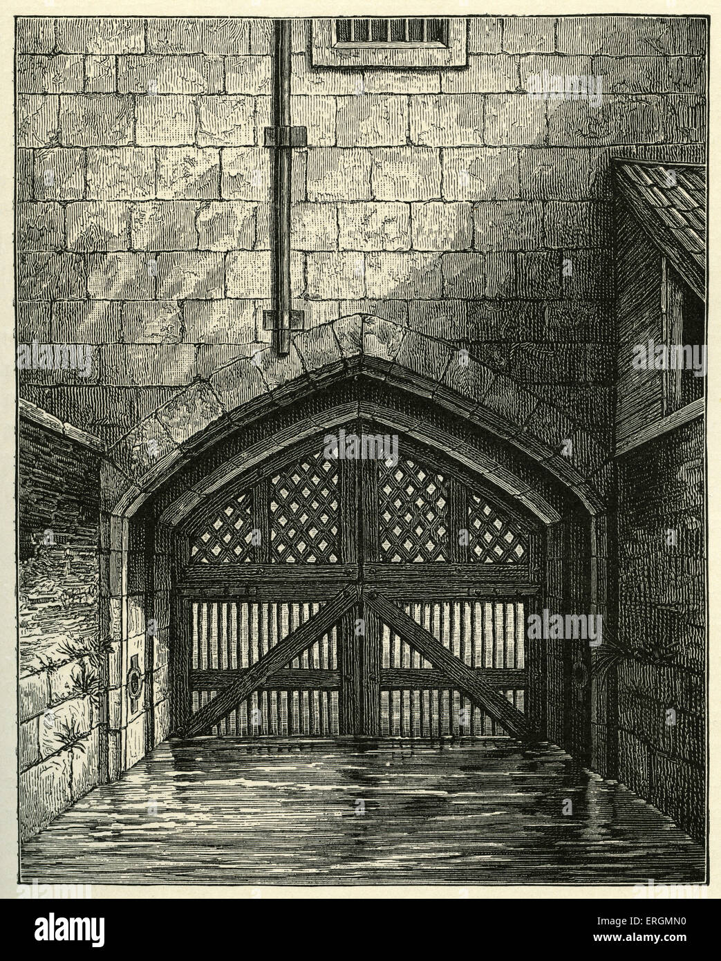 Traitor's Gate at the Tower of London. Originally built by Edward I this gate allows for water passage from the Thames to the Stock Photo