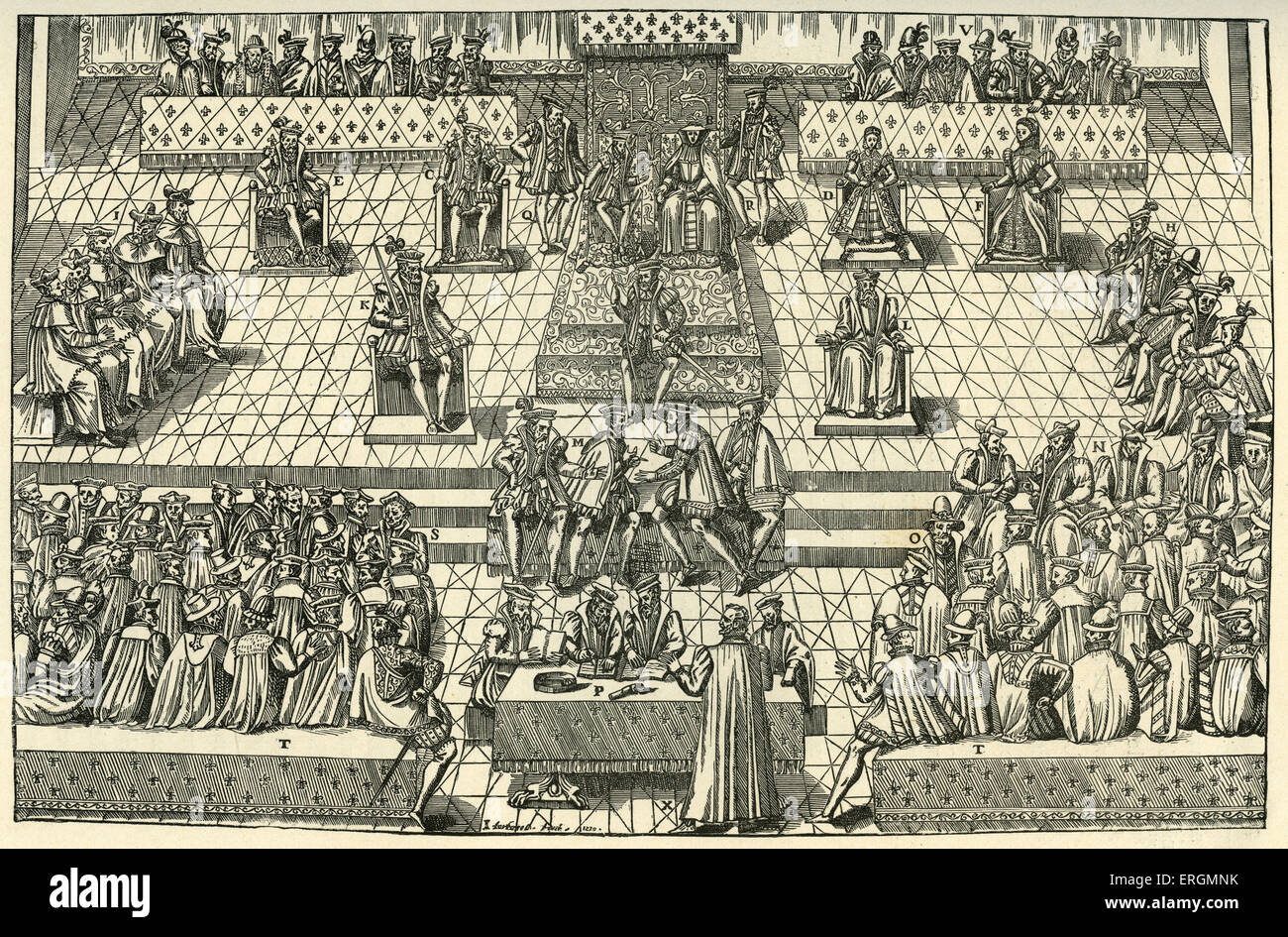 The Court of Orleans 1561. King Charles IX (1550-1574) sits on the throne, left center, beside his mother, Catherine de' Medici Stock Photo