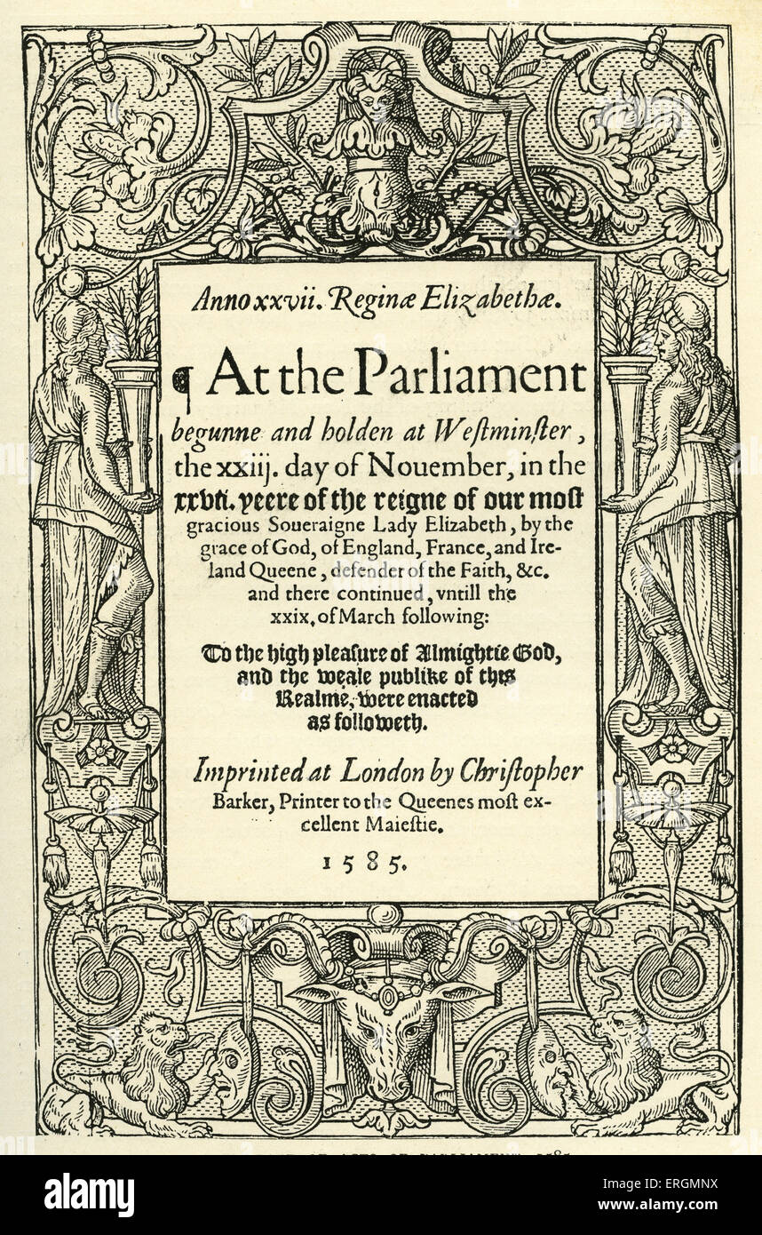 Title Page to Acts of Parliament, 1598. Printed in London by Christopher Barker. Stock Photo