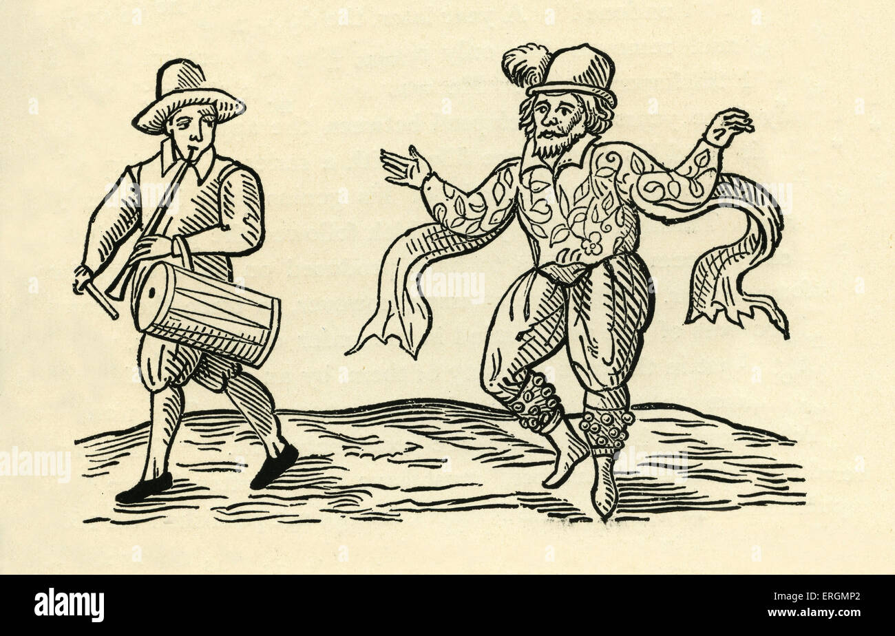 William Kempe dancing the Morris. William Kempe (died 1603) was an English actor and dancer and member of the Chamberlain's Men, Shakespeare's acting group. Stock Photo