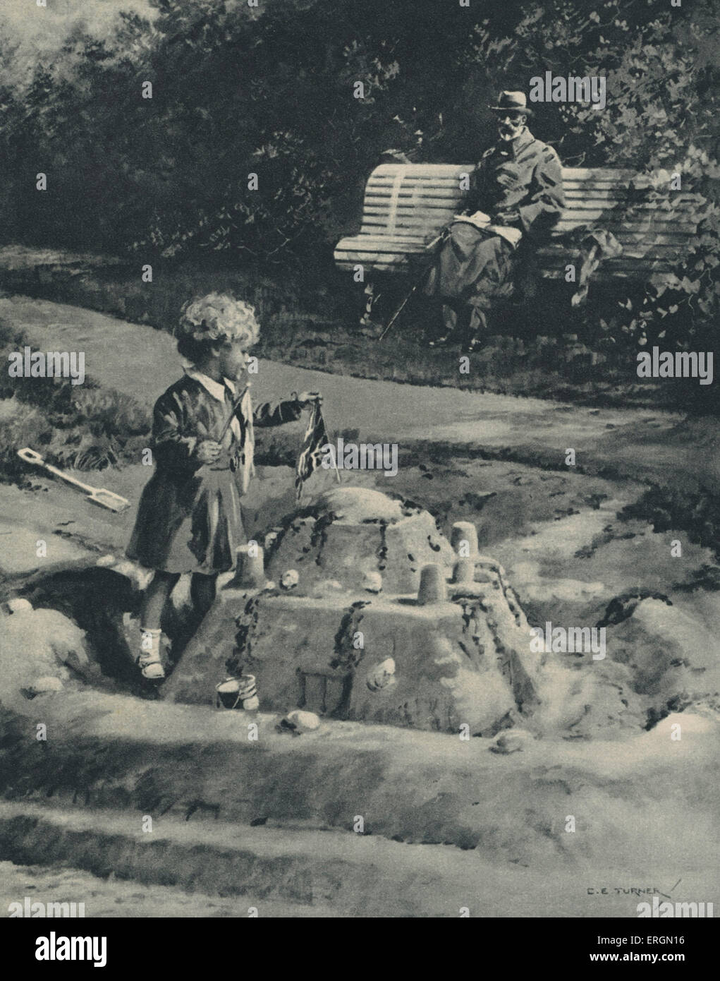 George V watching Princess Margaret build a sandcastle in the grounds of Craigwell House, Bognor Regis, during his convalescence in 1929. GV: British monarch, 3 June 1865 – 20 January 1936. Ruled 1910-1936. PM: Countess of Snowdon, sister of Elizabeth II, 1930 - 2002. Stock Photo