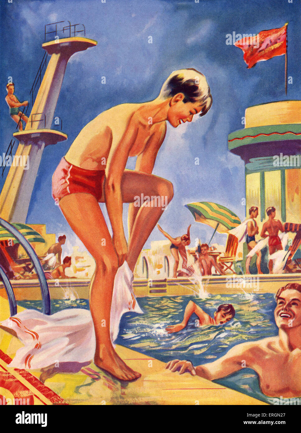Lido swimming pool 1930s Illsutration from late 1930s, artist not known, from Wonder Book series Stock Photo