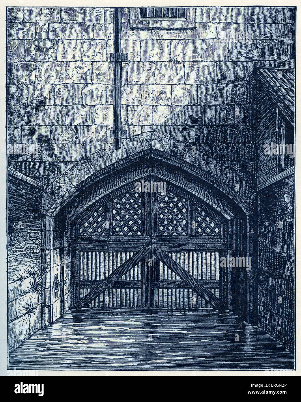 Traitor's Gate at the Tower of London. Originally built by Edward I this gate allows for water passage from the Thames to the Stock Photo