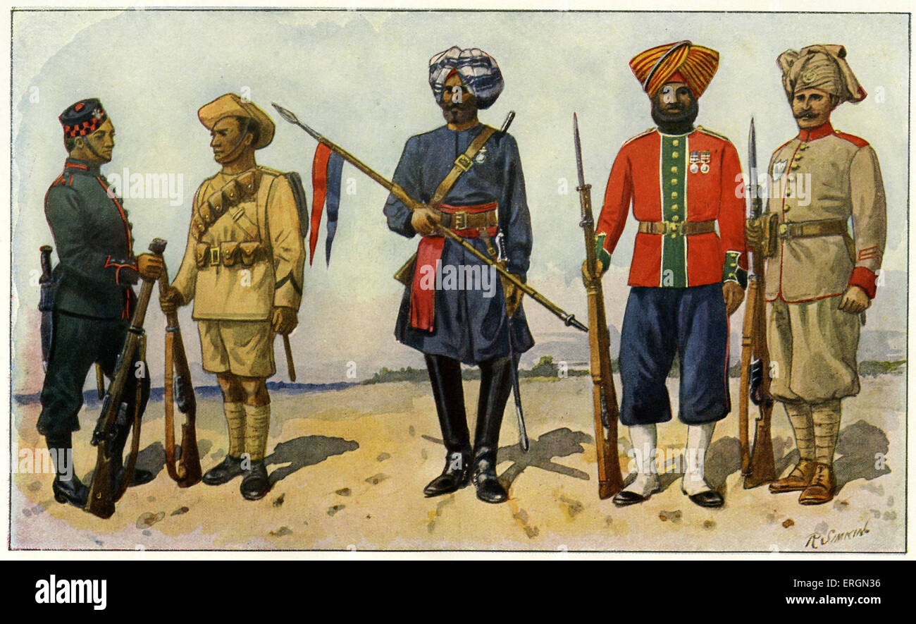 WWI - Indian soldiers from the British Empire  fighting on the side of the British. Left to right Sepoy from 2nd Gurkha Rifles, Stock Photo