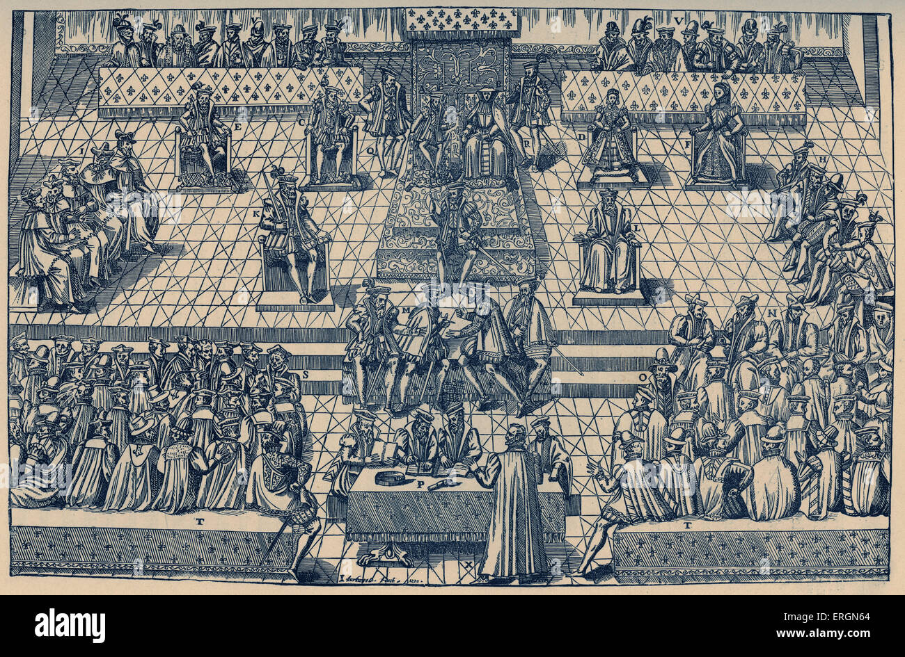 The Court of Orleans 1561. King Charles IX (1550-1574) sits on the throne, left center, beside his mother, Catherine de' Medici Stock Photo