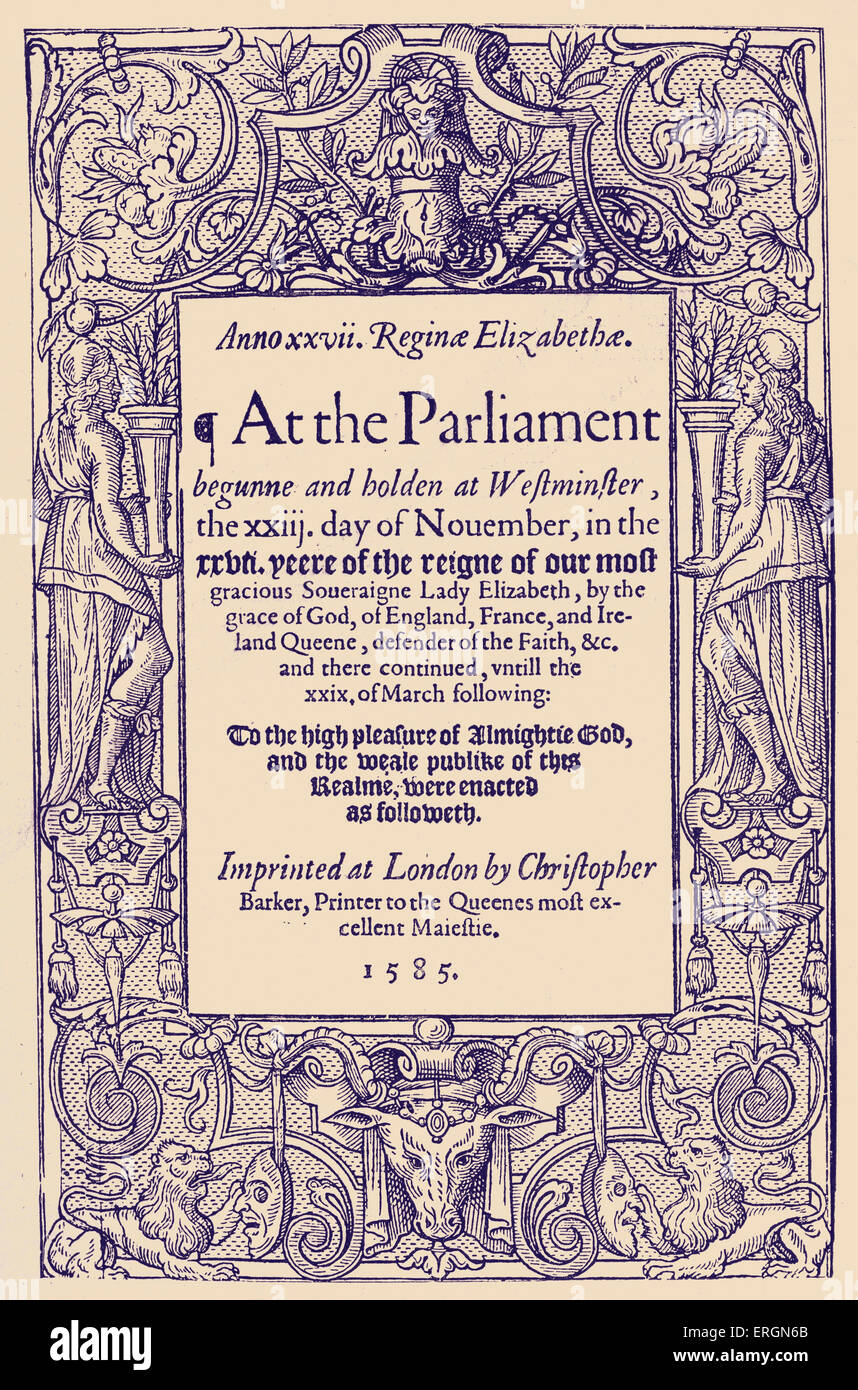 Title Page to Acts of Parliament, 1598. Printed in London by Christopher Barker. Stock Photo