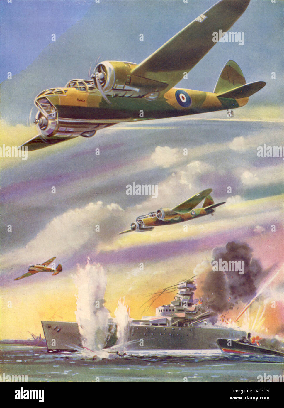 WW2 - Caption reads: Blenheim bombers attacking a German warship. Stock Photo