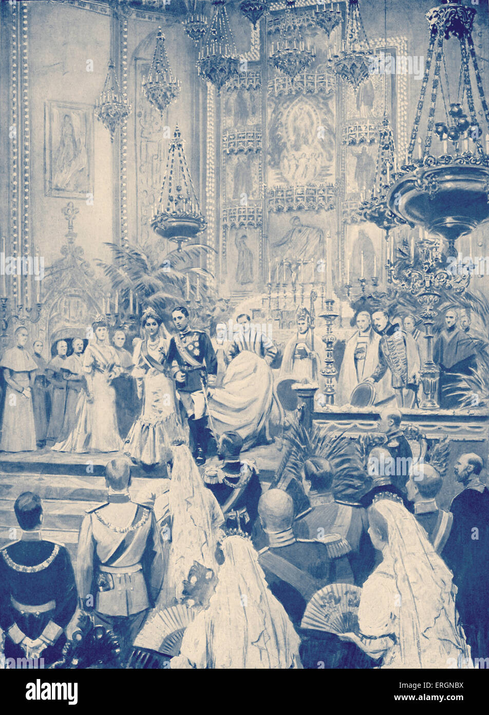King Alfonso of Spain 's marriage to Princess Victoria Eugenie Ena - Madrid, 31 May 1906. Niece of Edward VII. From illustration of S. Begg of the period, showing the couple leaving the altar in the Church of San Jerónimo. Alfonso XIII of Spain, King of Spain from 1886 until 1931, 17 May 1886 – 28 February 1941. Stock Photo
