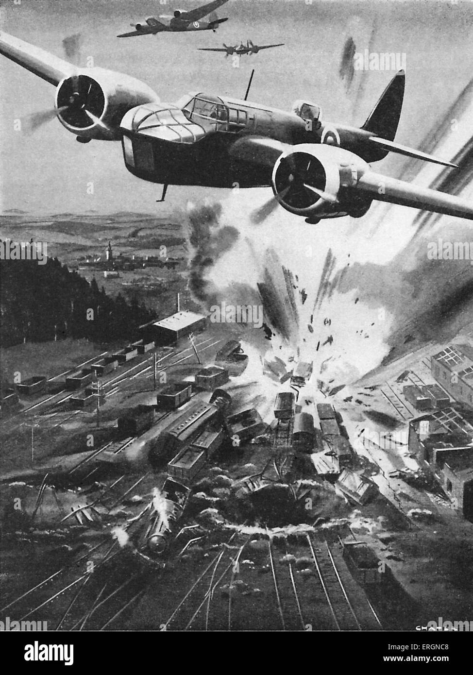 WW2 -  Bristol Blenheim bombers  attacking a German railway junction. Huge explosion. Stock Photo