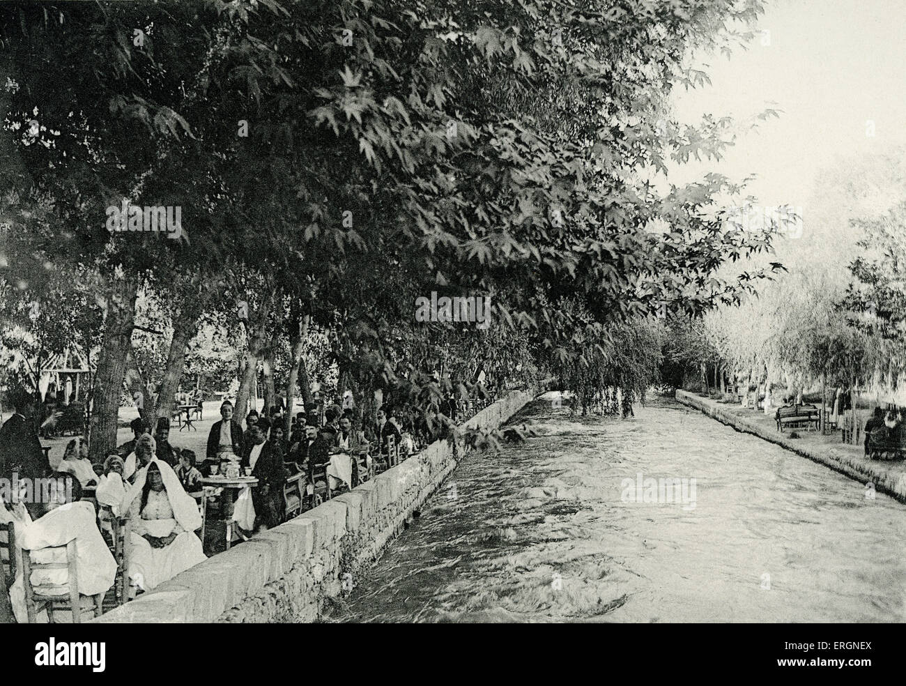 Damascus, Syria in 1894. Café along the banks of the river Barada Stock