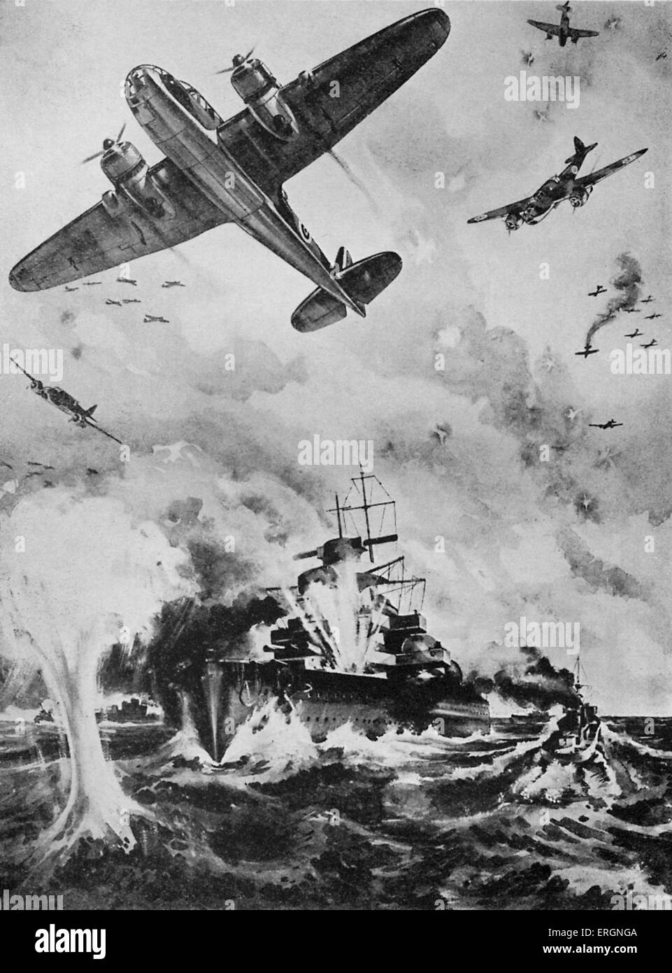 WW2 - Bristol Beauforts. Caption reads 'Bristol Beauforts bombing a German warship. Stock Photo
