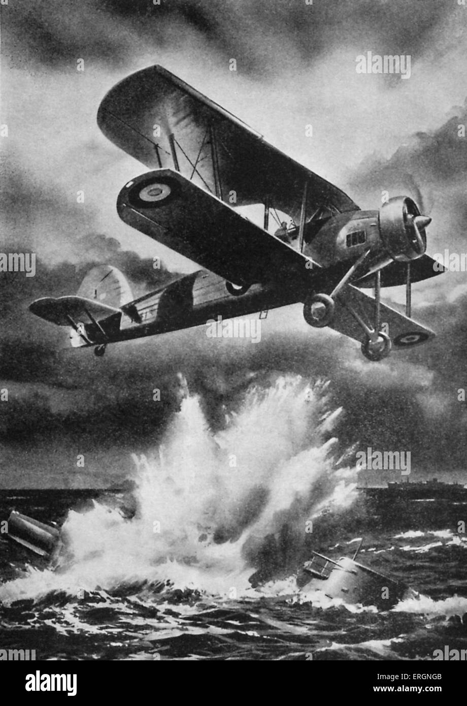 WW2 - Fairey Swordfish. Artist's impression of a Swordfish of the Fleet Air Arm sinking a U-Boat in the North Sea. Stock Photo