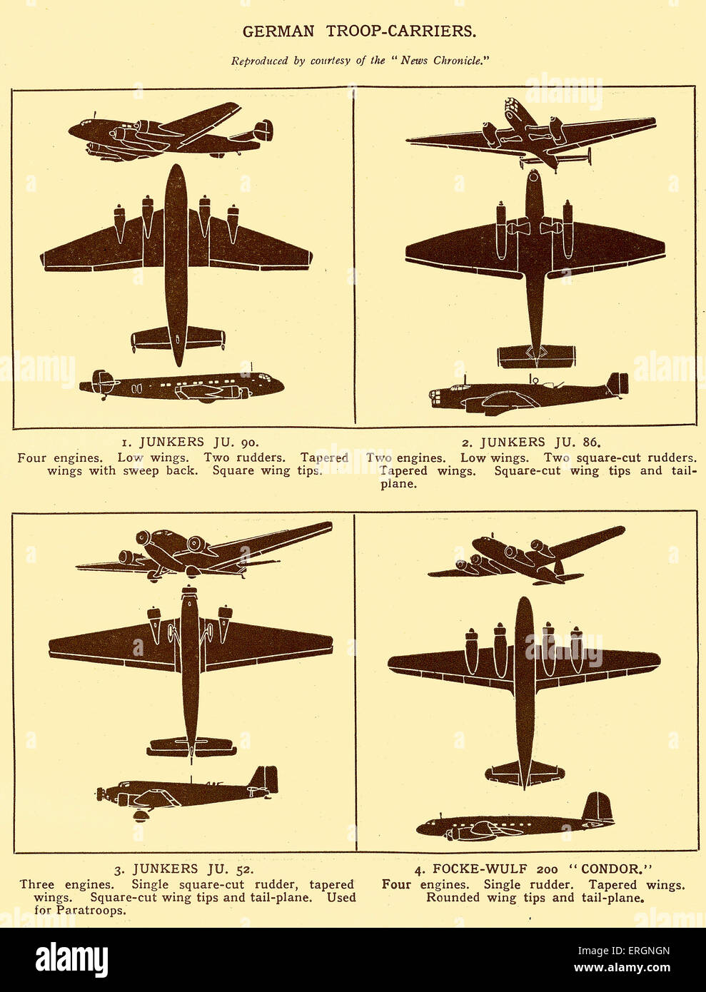 WW2 - German Troop Carriers. Diagrams of Junkers JU 90, Junkers JU 86, Junkers JU 52 and Focke-Wulf 200 'Condor' Stock Photo