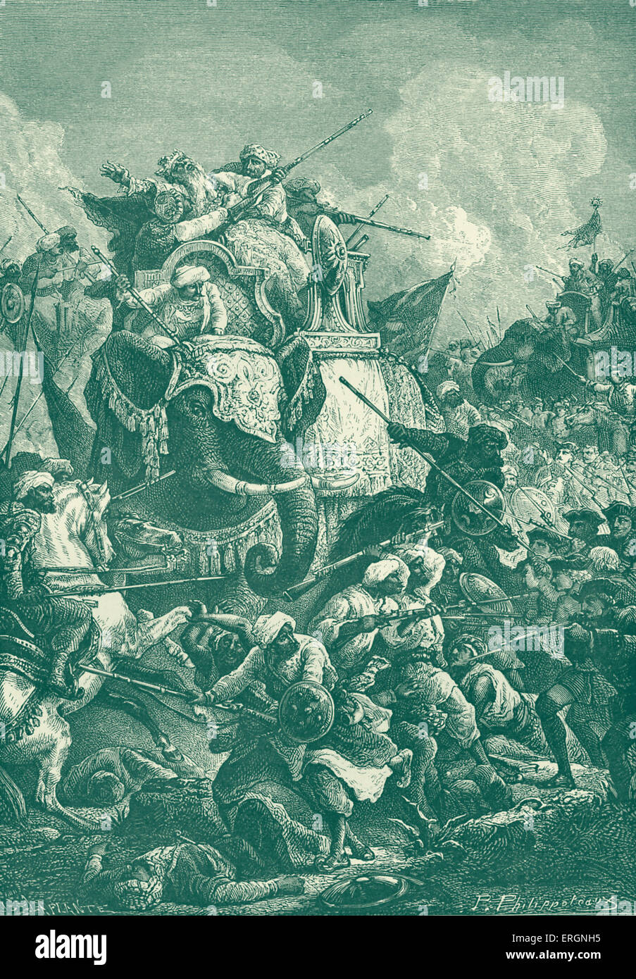Death of Anwaruddin Muhammed Khan, Nawab of the Carnatic, at the battle of Ambur against the French on 3 August 1749 during the Stock Photo