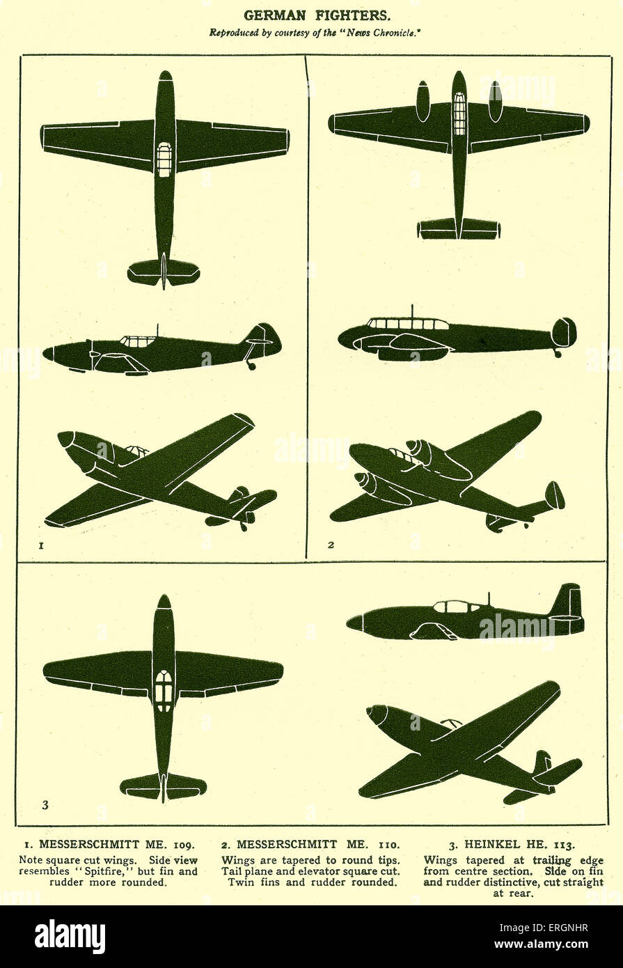 WW2 -German Fighter Planes. Diagrams of a Messerschmitt ME 109, Messerschmitt ME 110 and Heinkel HE 113. Stock Photo