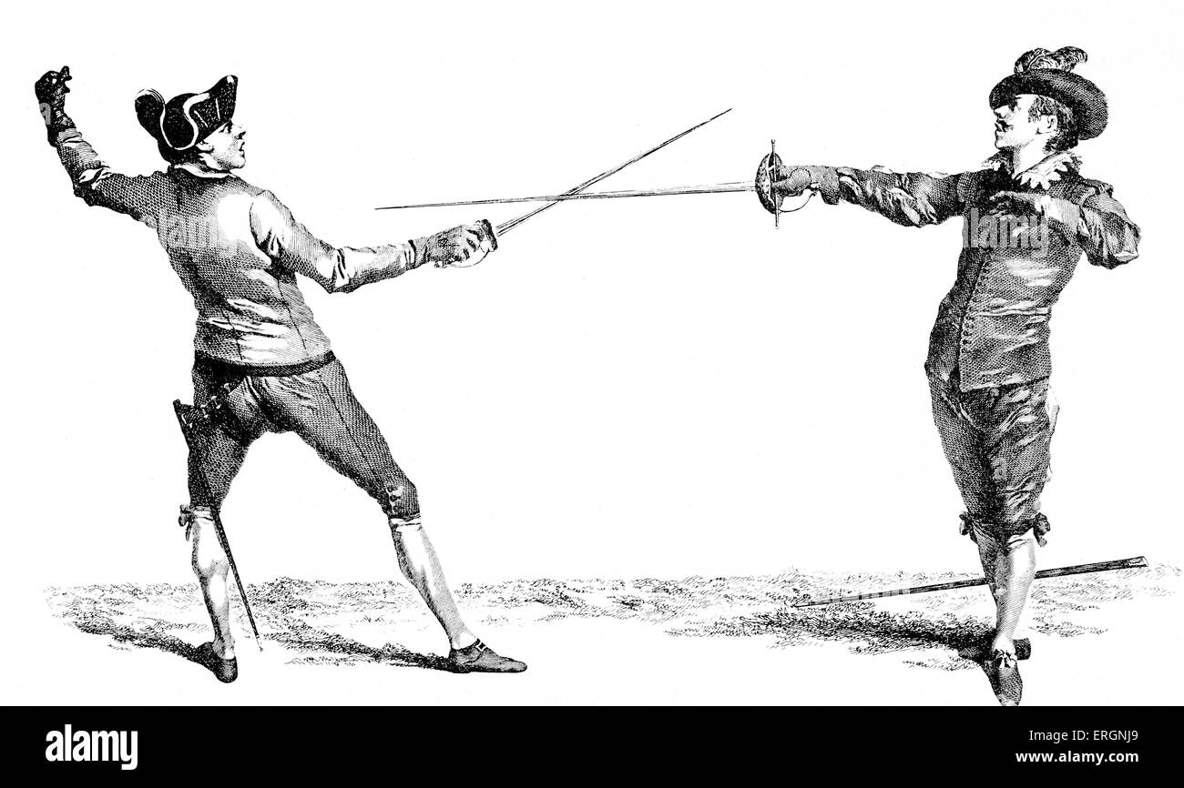 Spanish Guard attacked by French guard, engraving from L'Ecole des Armes (The School of Fencing), 1763 instruction book by Stock Photo