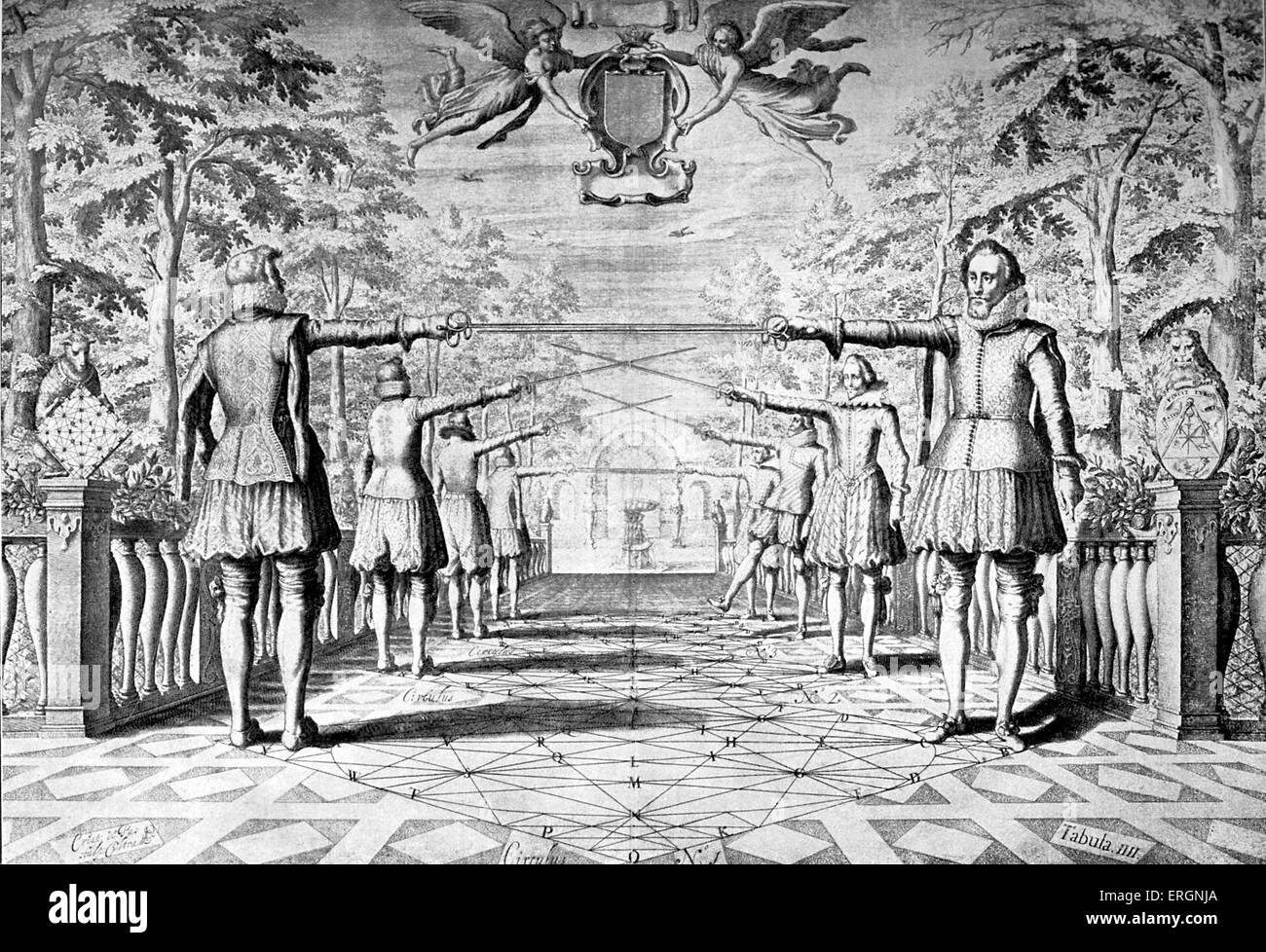 Engraving depicting the art of fencing from Academie de l'Espée (Academy of the Sword), 1628 rapier manual by Gérard Thibault Stock Photo