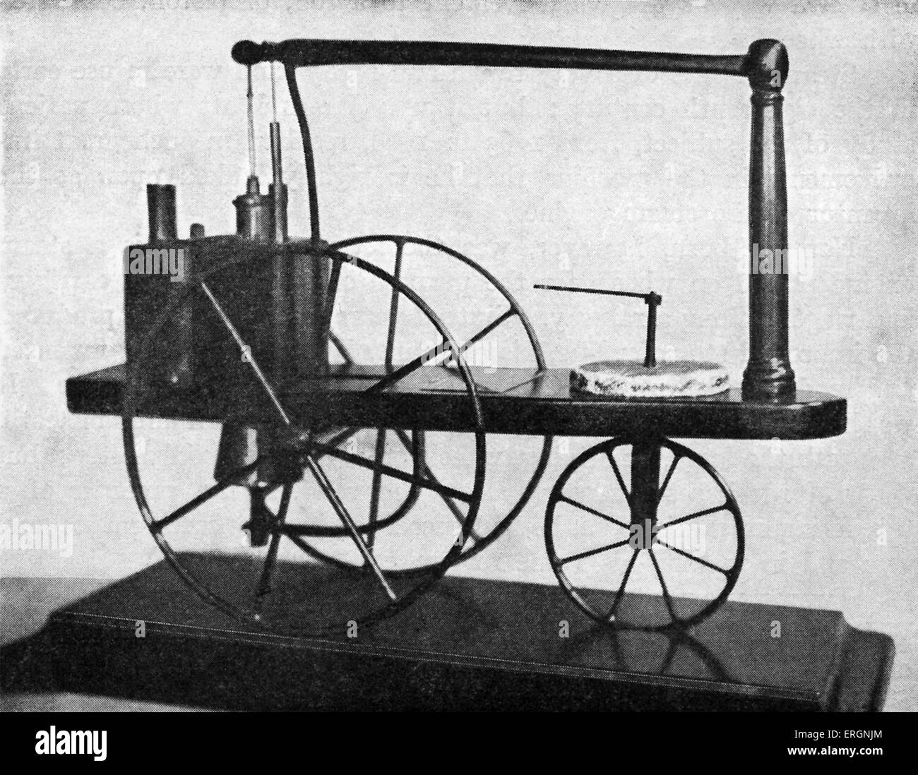 The first Locomotive made in England. Caption reads 'Invented and constructed at Redruth, Cornwall, by William Murdock in 1784. Stock Photo