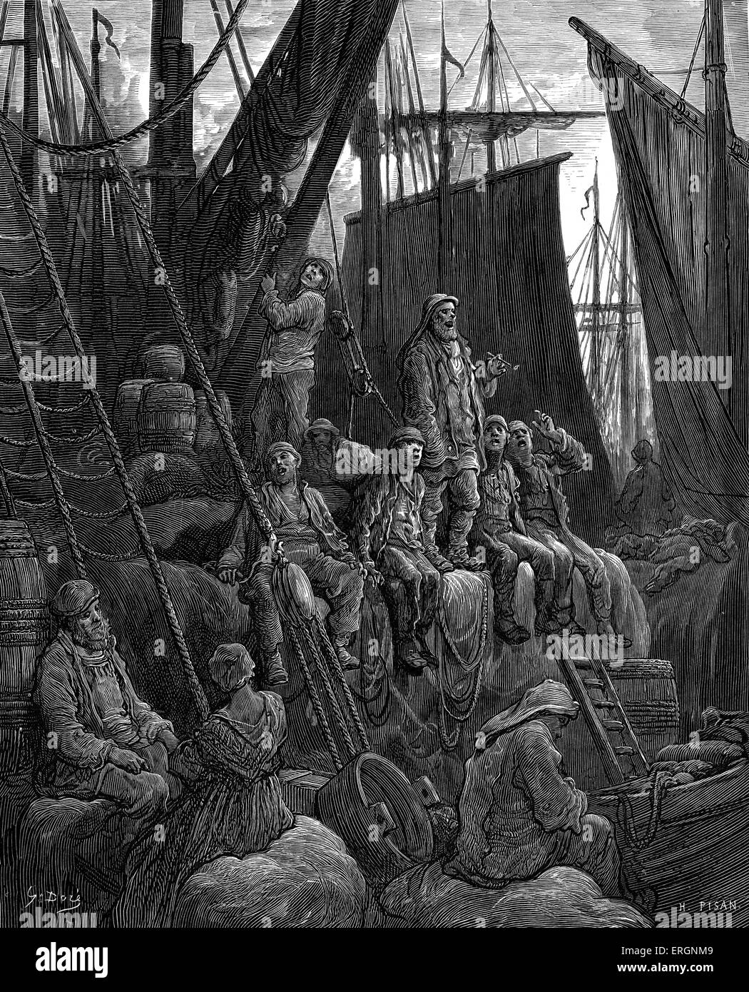 Off Billingsgate. Shows men on a boat singing to entertain themselves. Engraving by Gustave Doré, from 'London, a Pilgrimage, by Gustave Doré and Blanchard Jerrold', 1872. Stock Photo