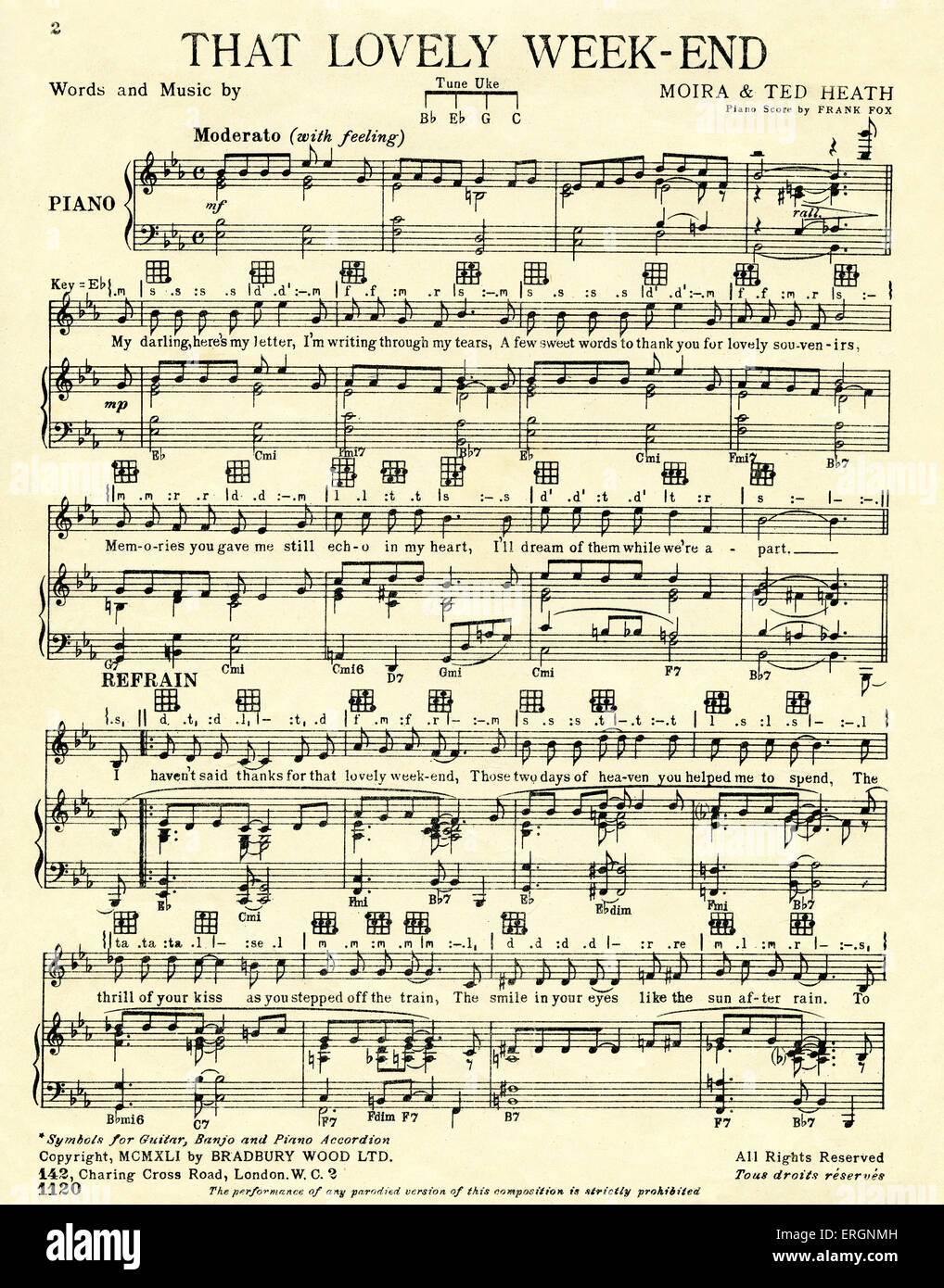 That Lovely Weekend, - score - Words and music by Moira and Ted Heath, score, published by Bradbury Wood Ltd, London, 1941. 'My darling here's my letter, I am writing through my tears…' Stock Photo